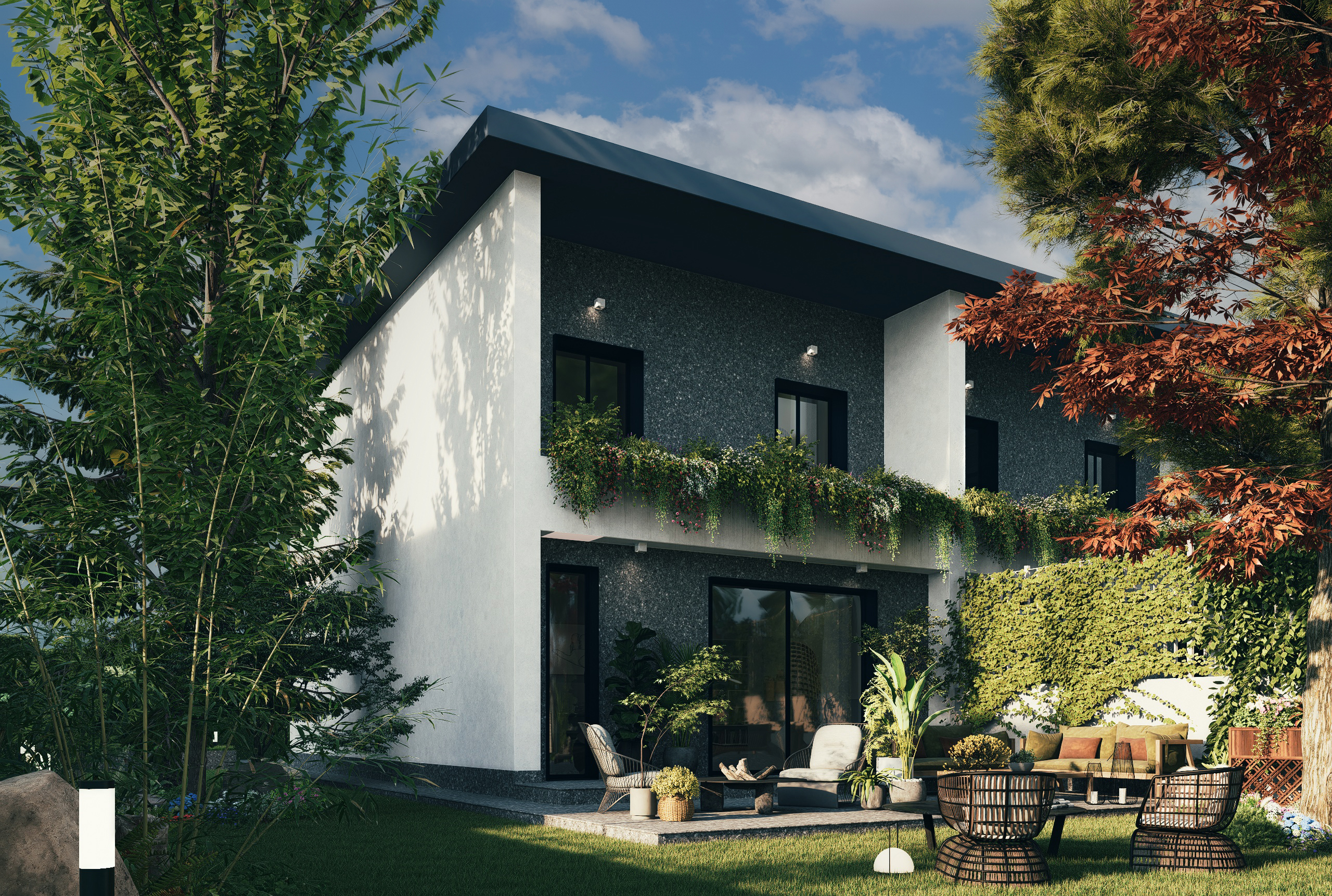 Render serale di un balcone con divano e luci calde del progetto Verde Vivere