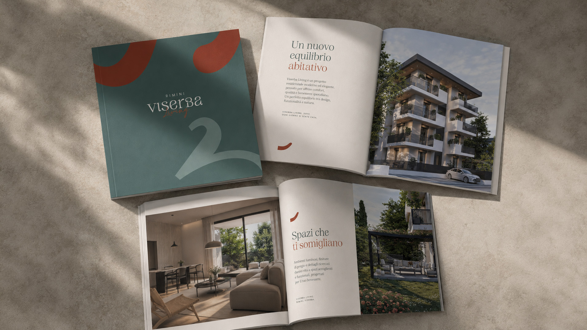 Render della facciata con balconi verdi di Viserba Living