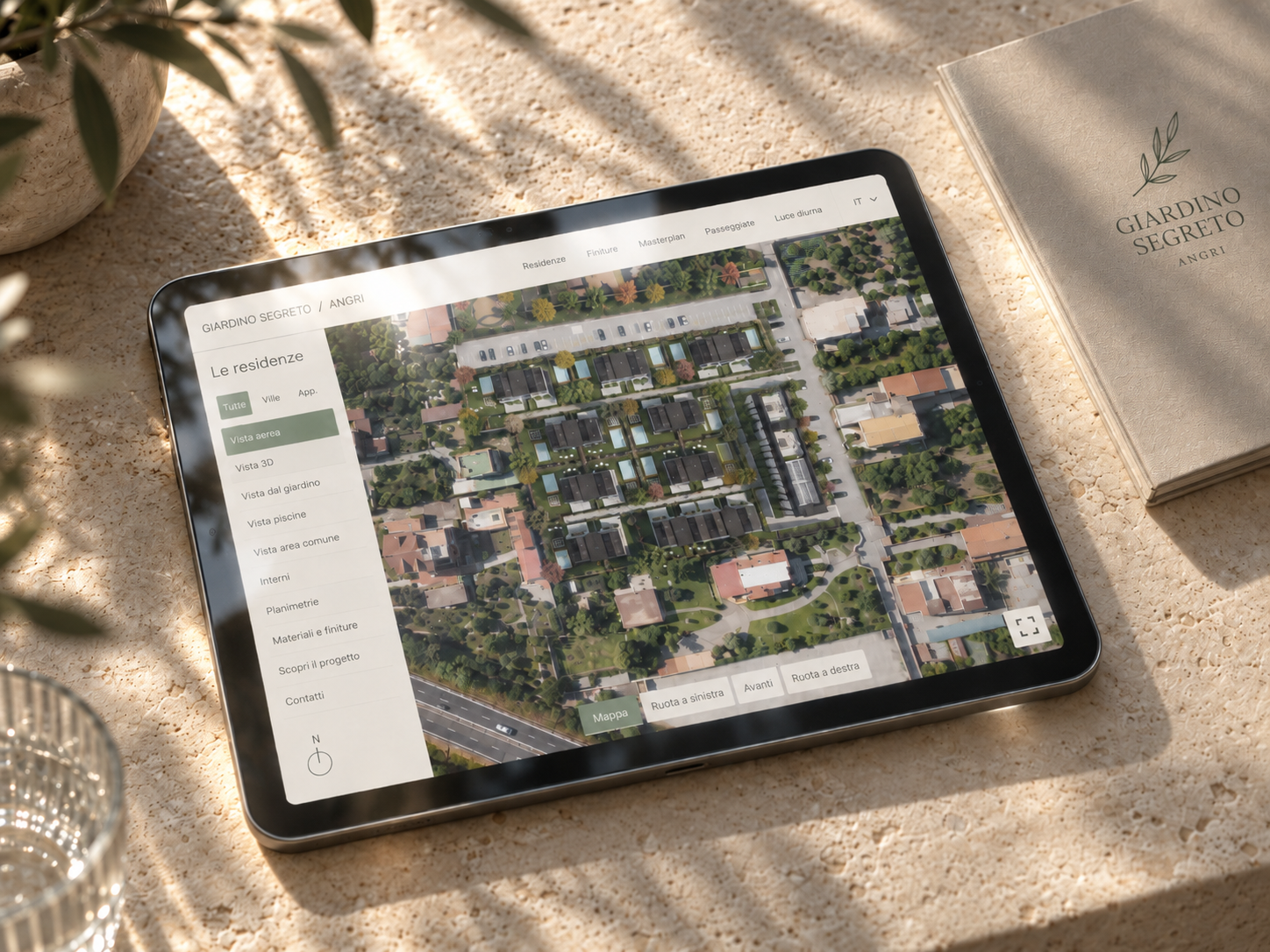 Sales Platform di Giardino Segreto aperta su tablet con vista aerea del masterplan