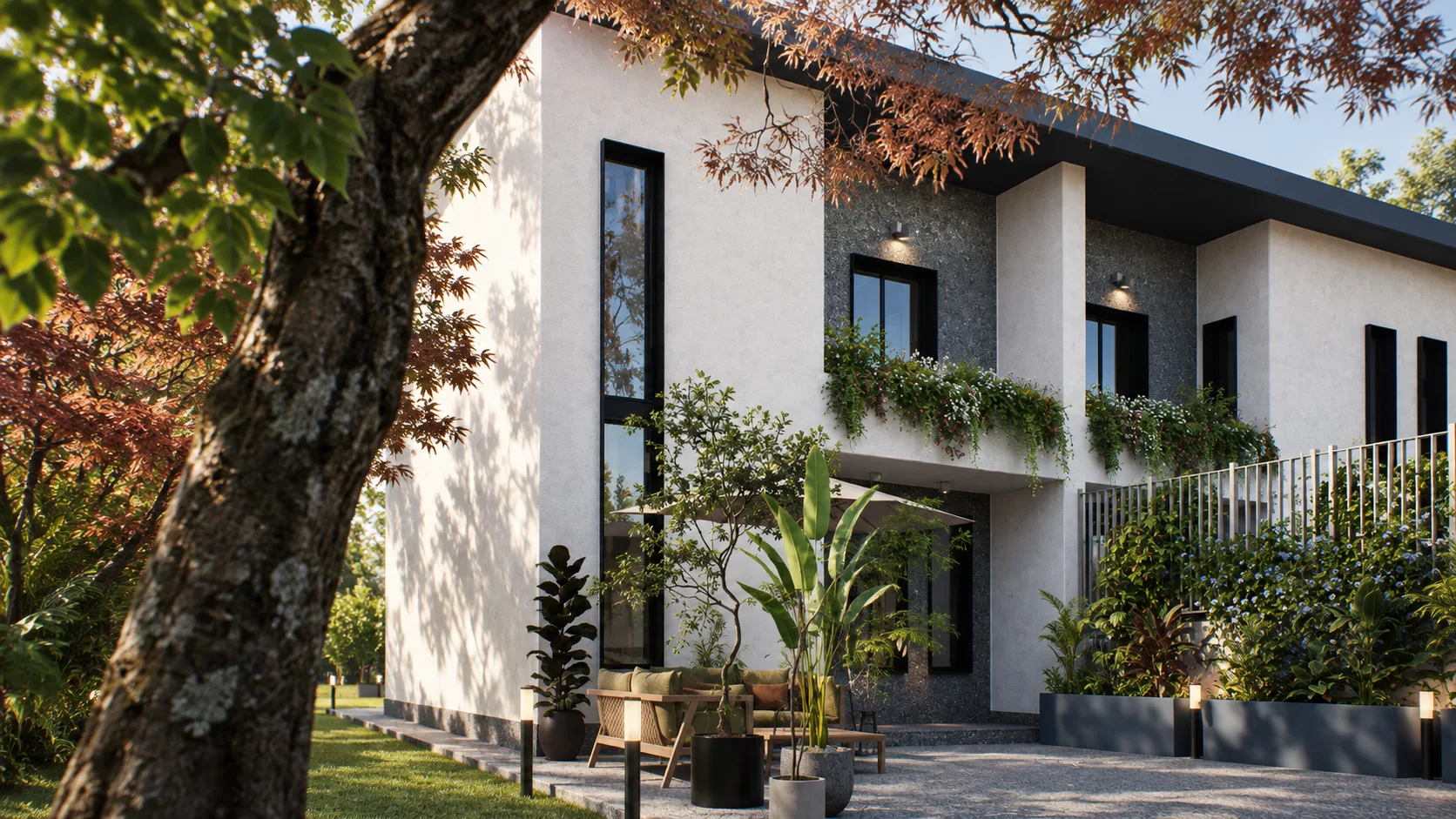 Render di una villa Verde Vivere con albero nel giardino privato