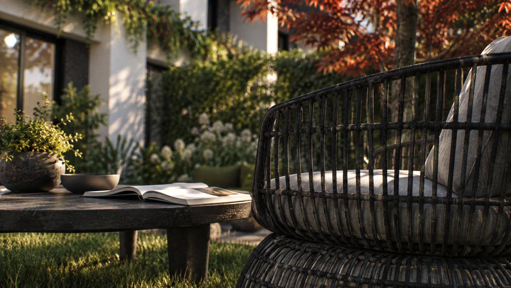 Render del giardino privato con sedute intrecciate