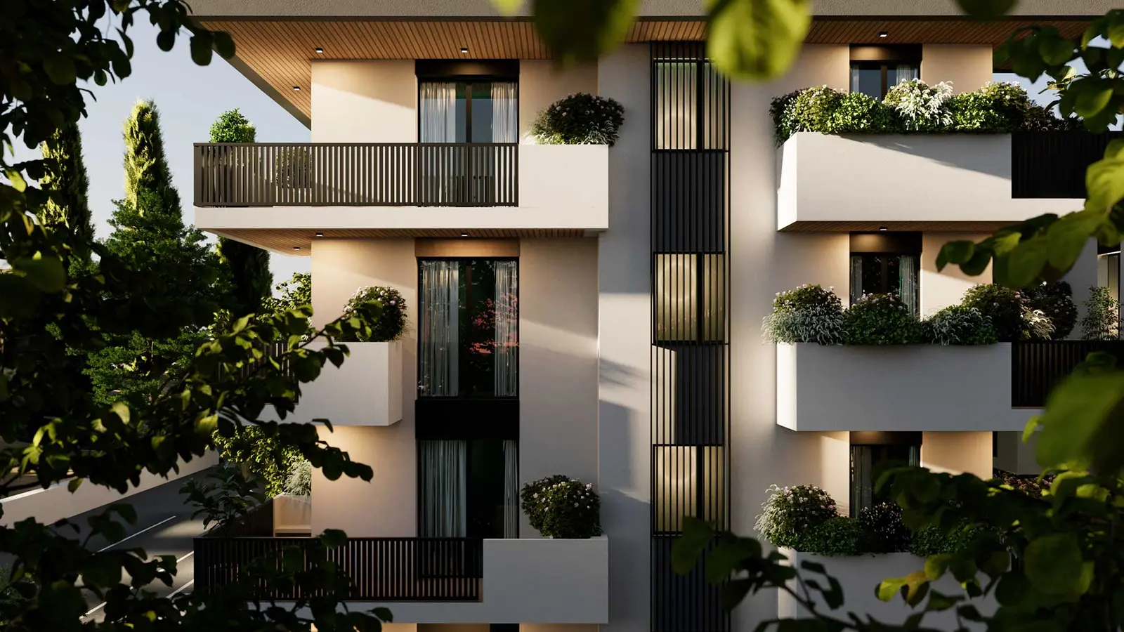 Render di una facciata residenziale con balconi verdi