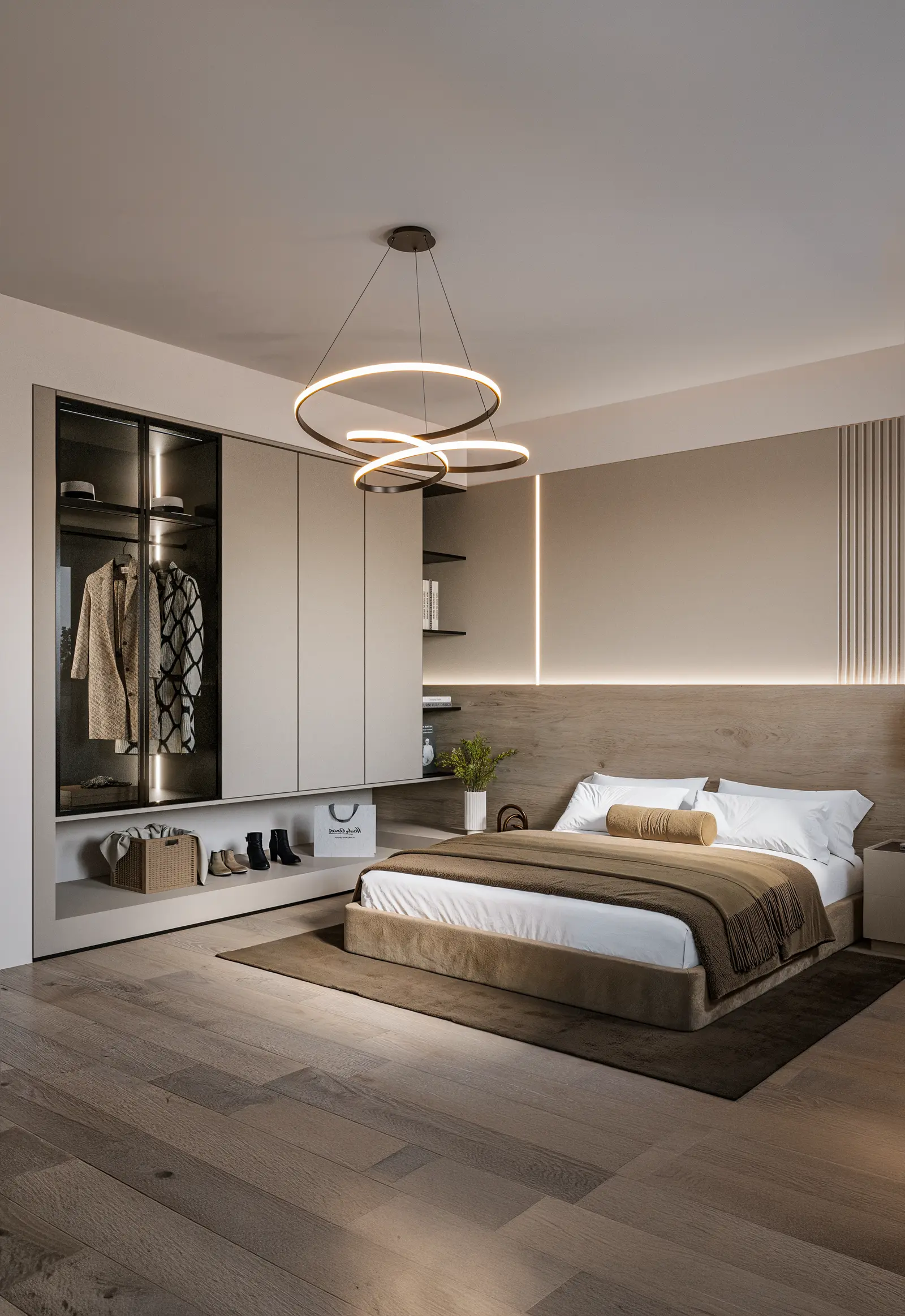 Render serale del balcone con divano e luci calde