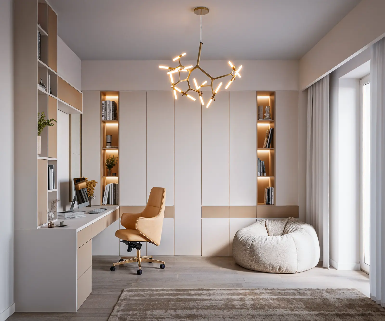 Render dell'angolo TV con desk