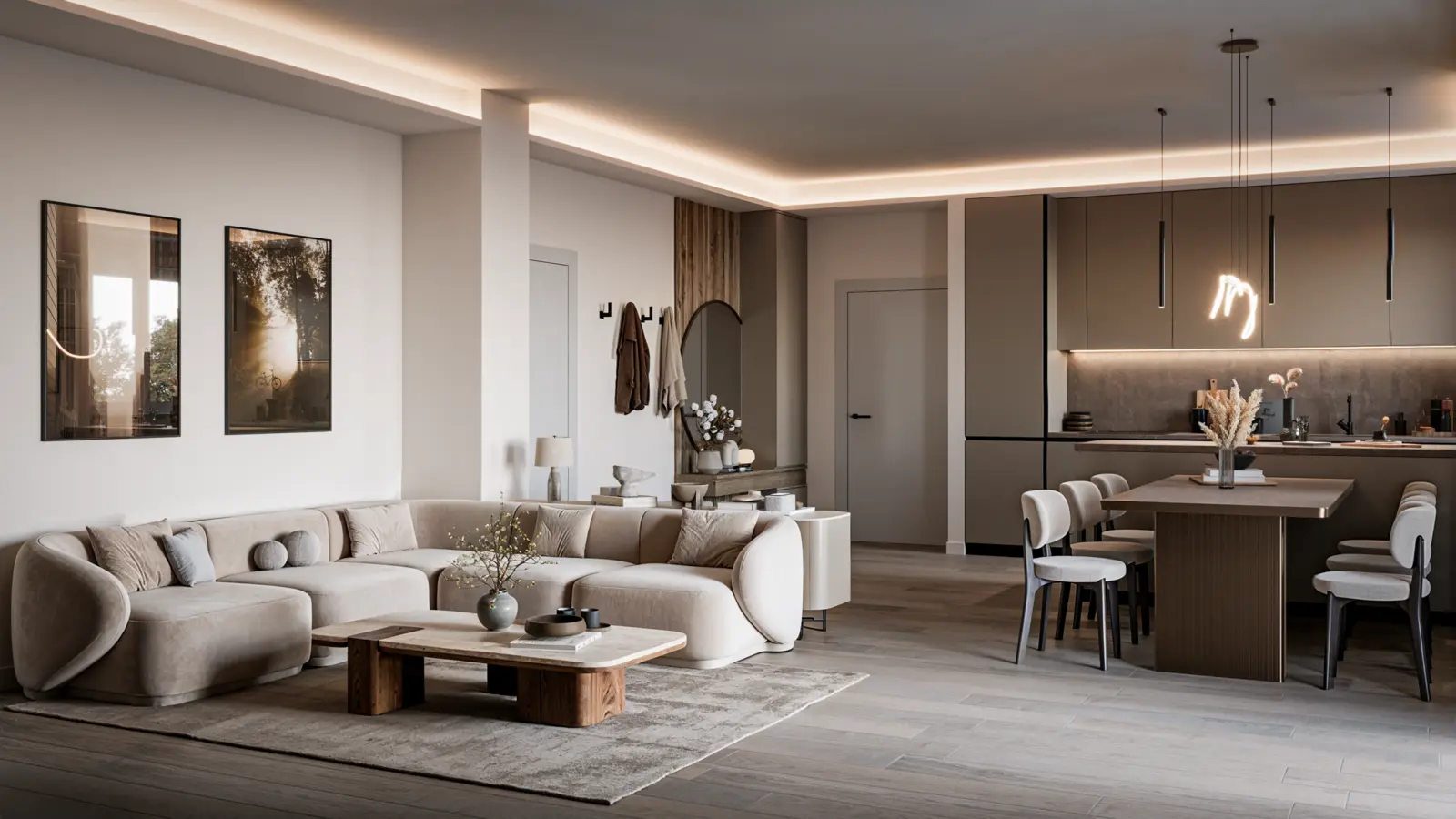 Render di un living residenziale con parete attrezzata e luce naturale