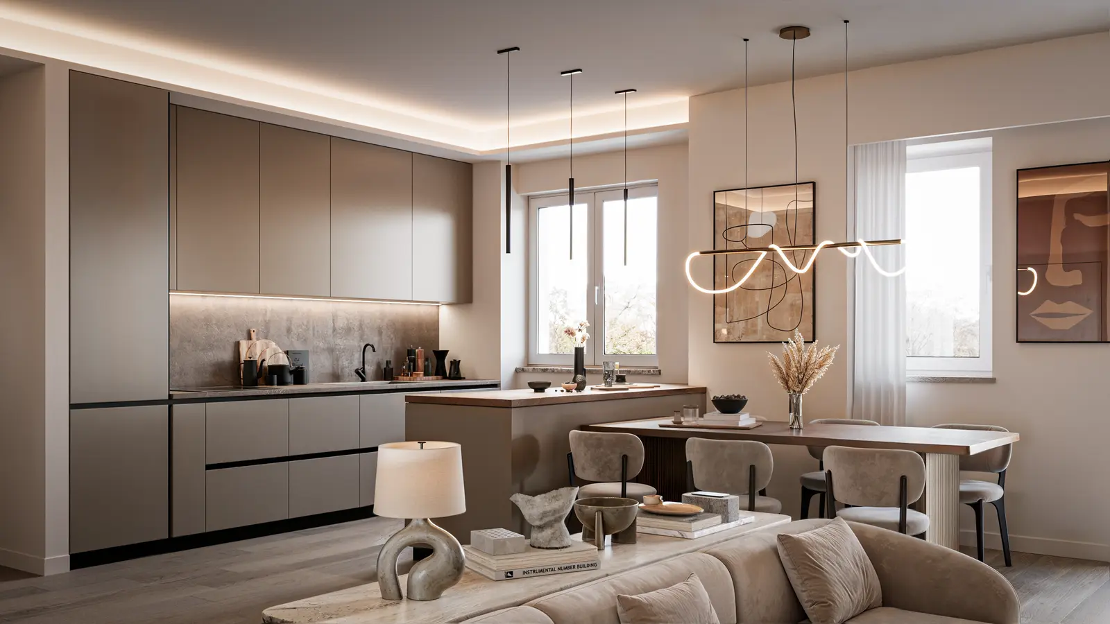 Render fotorealistico di un living con cucina open space, luce calda cinematografica